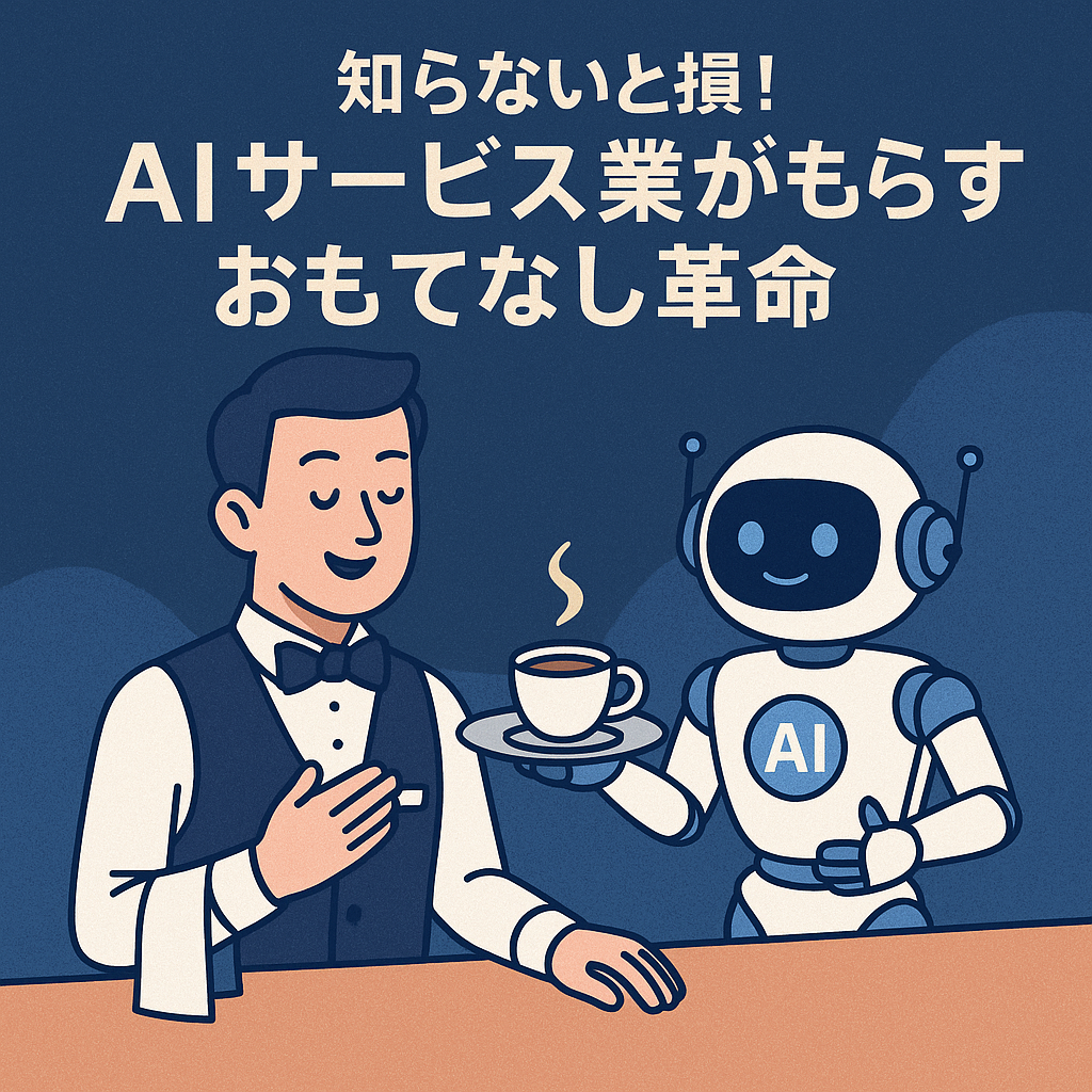 "AIロボットが接客する様子と人間のウェイターが共におもてなしをするサービス業の未来を描いたイラスト"
