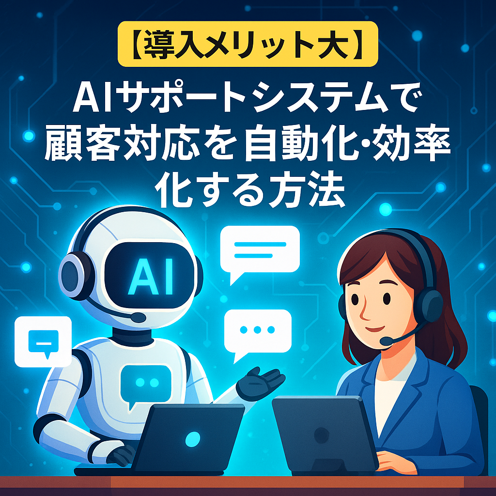 alt="AIサポートシステムによって顧客対応を自動化・効率化するオペレーターとAIロボットのやり取りを描いたイラスト"