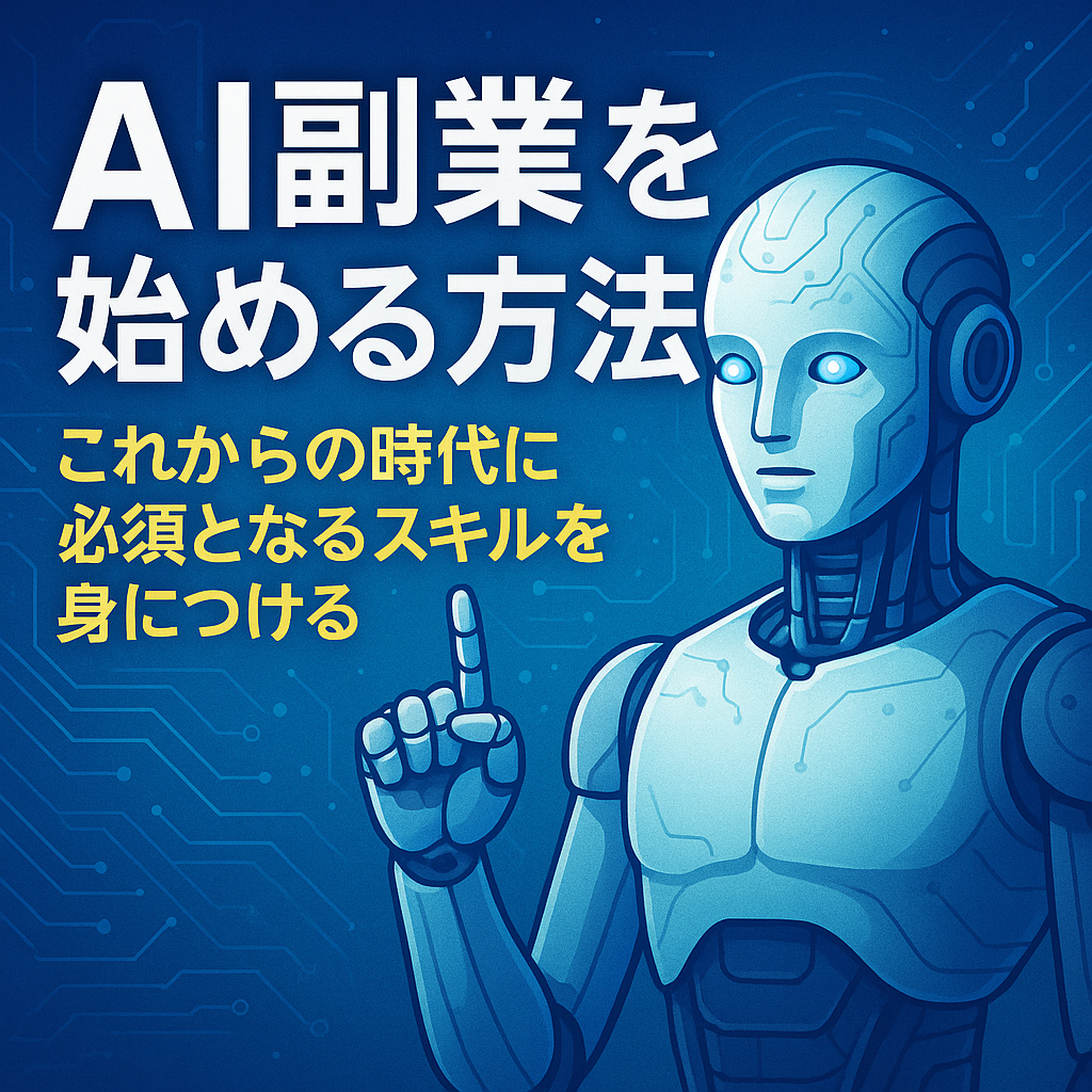 AI副業を始める方法」をテーマにしたイラスト。未来的な雰囲気の中で、AIツールとノートパソコンを活用して働く人物が描かれており、AIスキル習得による新しい働き方を象徴している。