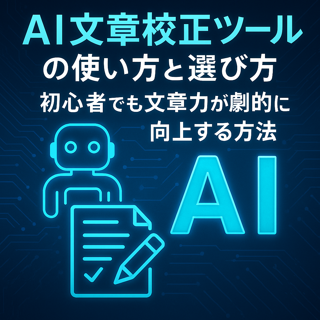 AI文章校正ツールの使い方と選び方を解説するブログのアイキャッチ画像。近未来的なUIとAIの脳アイコンが組み合わさり、初心者でも文章力が向上する印象を与えるデザイン。
